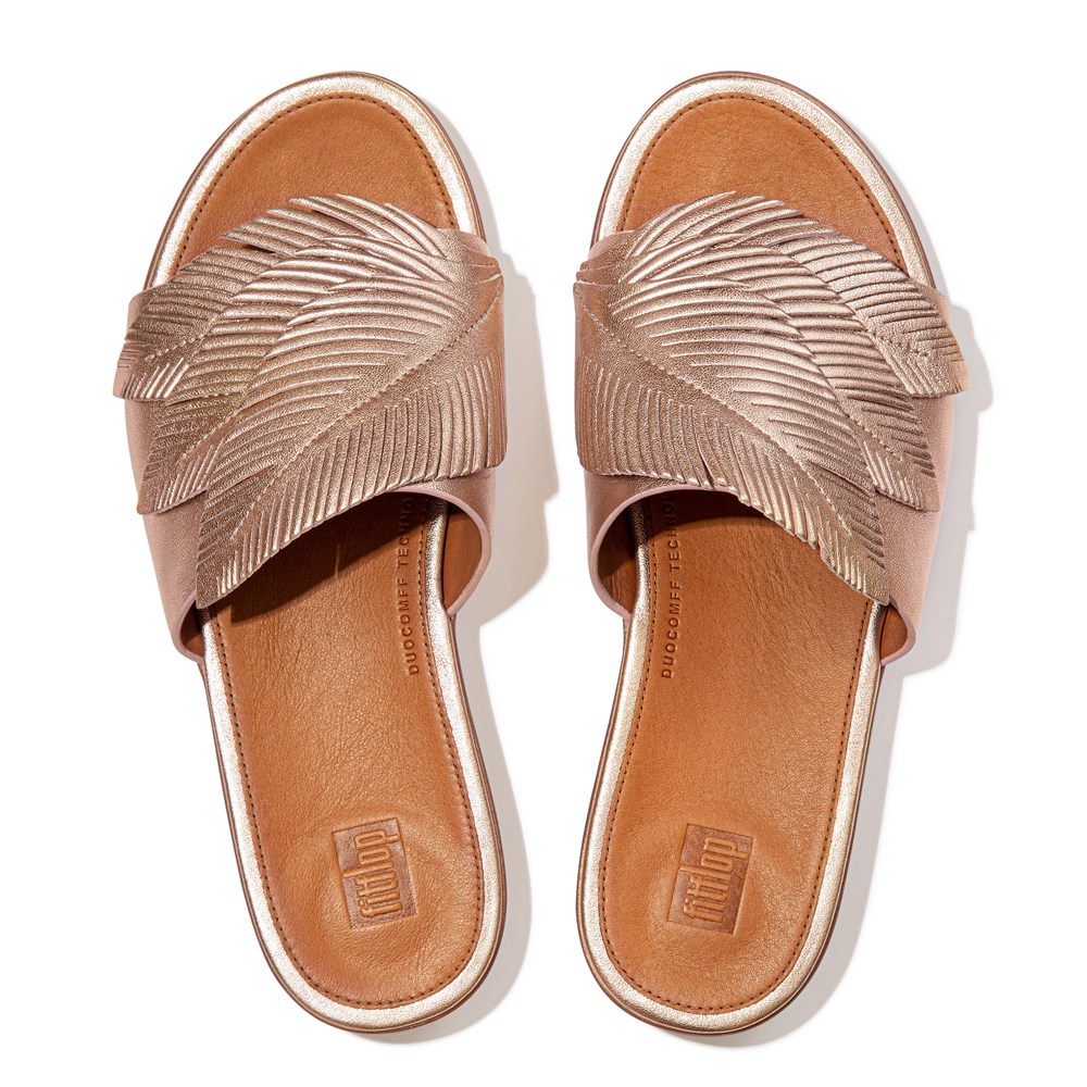 Fitflop Womens Slides Rose Gold - Sola Feather Metallic Leather - TF0623591